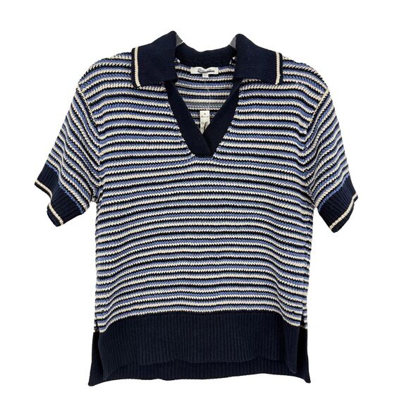 MADEWELL Striped Johnny Collar Sweater Tee XXS Blue Trio Oversized Polo NWT B76 - Picture 2 of 6